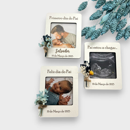 Íman Dia do Pai em MDF branco, com fotografia, nome personalizado e mini ramo de flores preservadas.